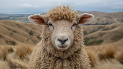 A sheep with a fluffy face is standing in a field