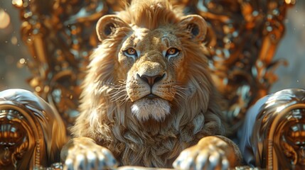 Closeup of a regal lion lying on a throne. Generative AI. - obrazy, fototapety, plakaty