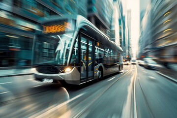 A city bus in motion on a busy street with a dynamic, blurred background.