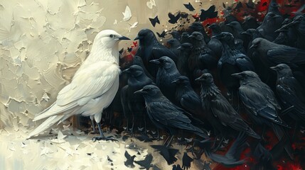 In this generative AI illustration, a white bird stands out among gray birds, standing out from the crowd. - obrazy, fototapety, plakaty
