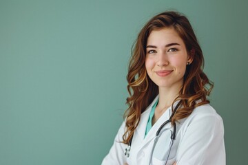 young female healthcare practition as a nurse portrait featuring stethoscope and sage green solid background
