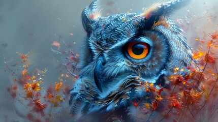 The image depicts an abstract animal Owl in a double exposure paint style utilizing generational artificial intelligence. - obrazy, fototapety, plakaty
