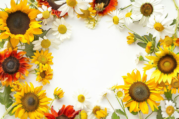 A beautiful bouquet of sunflowers and daisy on white background, summer floral frame.