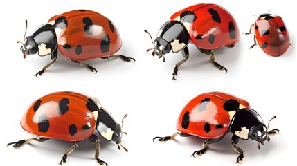 Set of four ladybug images showing various poses and angles. Perfect for nature-themed designs and educational content. High-resolution, realistic depiction . AI
