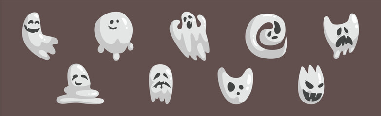 Grey Ghost Character with Scary Face Grimace Vector Set