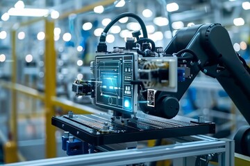 advanced automation robotic arm with high precision, showcasing the implementation of cutting-edge 5G or 6G technology in the manufacturing industry. This innovation highlights the future of efficient