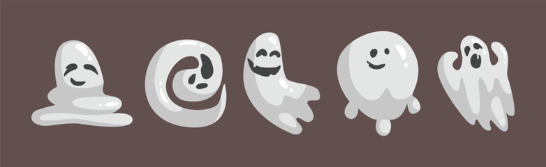 Grey Ghost Character with Scary Face Grimace Vector Set