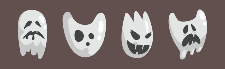 Grey Ghost Character with Scary Face Grimace Vector Set
