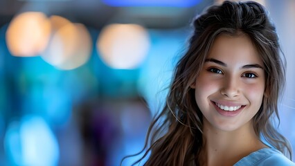 Obraz premium Confident college dental hygiene student proudly represents her future career with a smile. Concept Dental Hygiene, College Student, Future Career, Confidence, Smile