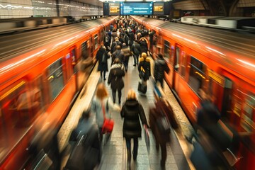 Top view of subway train station in the rush hour, timelapsed and motion blur effect in the...