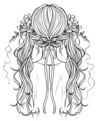 Hairstyle of the hair is decorated with flowers and a ribbon illustration clip art coloring book black and white for kids and adults isolated line art on white background.