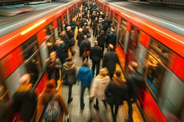Top view of subway train station in the rush hour, timelapsed and motion blur effect