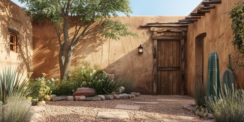A small courtyard with a tree and a cactus