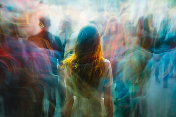 Blonde woman lost in the crowd, timelapse and blur effect. Conceptual image of lost in nowhere and being lonely in the crowd and smoke