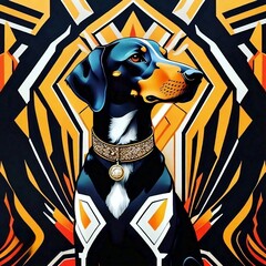 Attentive Dog Portrait, looking to the right, Geometric Style Painting, strong gold and black. Concept of Dog Art, expressive animals, fun painting