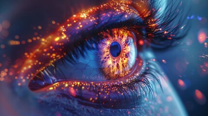 Animation concept of the multicolored human eye iris. Rainbow lines scatter out of a bright binary circle to form volumetric human eye iris and pupil. 3D rendering background. - obrazy, fototapety, plakaty