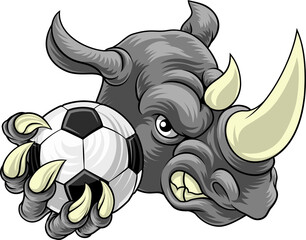 A Rhino Rhinoceros mean tough cartoon sports animal mascot holding a soccer football ball