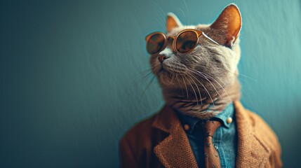 Cat in a suit and sunglasses. Generative AI image.
