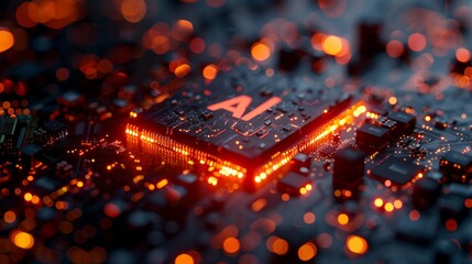-AI word on a microchip with a bright beam of light, AI concept with banner background in copyspace, generative AI, AI with word on a microchip and a colorful light spread.