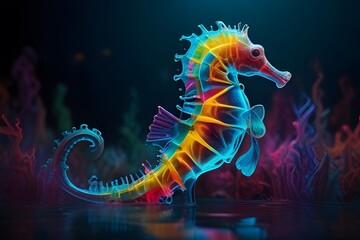 Seahorse Underwater Splendor. Dive into an underwater wonderland with this captivating full view of a colorful neon seahorse gracefully navigating through the water. 