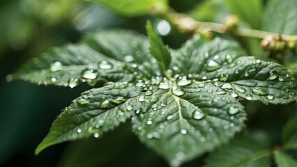 a close-up of a lush green leaf covered with water droplets set against a gently blurred background of other leaves with similar decorations - obrazy, fototapety, plakaty