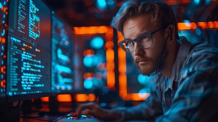 AI collage photo of a computer network maintenance specialist using a device to write code