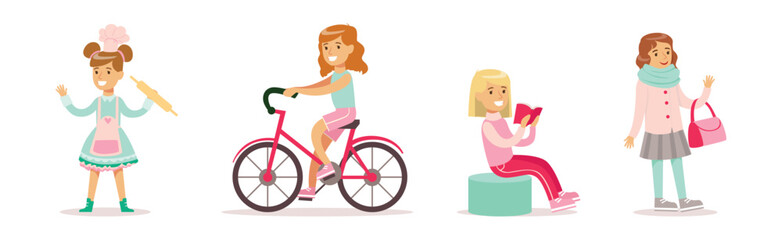 Happy Girl Child Character Engaged in Different Activity Vector Set