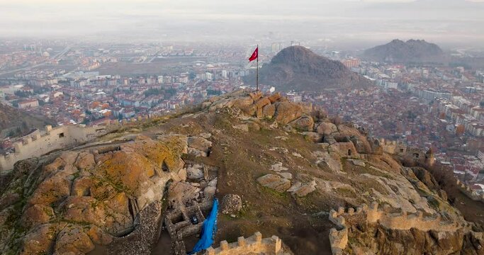 Karahisar castle on a rock mountain, Afyon, Turkey