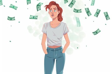 Happy young woman with money and falling American dollars on white background
