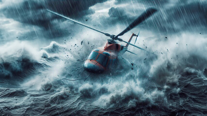 Fototapeta premium Helicopter crushed in flight, stormy weather