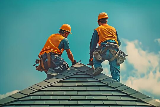 Two construction workers on a roof of a typical American single family home, working on the roofing. 