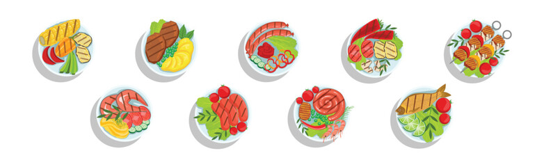 Grilled Food and Cooked Snack on Plate Vector Set