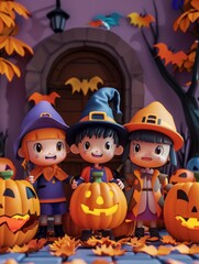 Fototapeta premium Children in Costumes Celebrating Halloween Outdoors