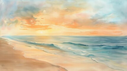 Watercolor scene of a tranquil beach at sunset, the soothing hues of the sky and sea blending together to relax patients and staff alike
