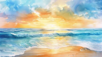 Watercolor scene of a tranquil beach at sunset, the soothing hues of the sky and sea blending together to relax patients and staff alike