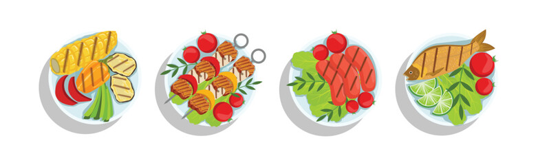 Grilled Food and Cooked Snack on Plate Vector Set