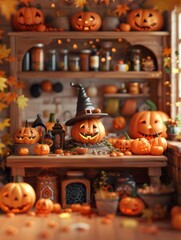 Obraz premium Halloween Themed Kitchen with Carved Pumpkins