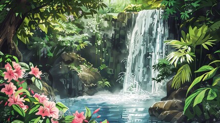 Watercolor scene of a waterfall surrounded by lush floral greenery, the natural beauty providing a tranquil escape for patients - obrazy, fototapety, plakaty