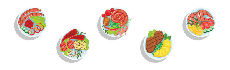 Grilled Food and Cooked Snack on Plate Vector Set