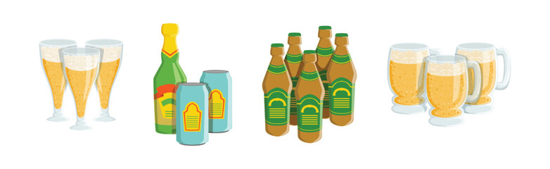Beer Bottle and Glass Mug with Foam Vector Set
