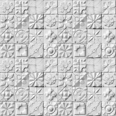 Seamless embossed geometric tile pattern in monochrome. The image showcases various 3D geometric shapes, presented in a seamless, grayscale pattern for backgrounds or decor - obrazy, fototapety, plakaty