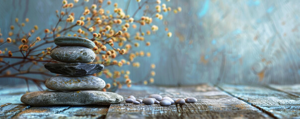 A stack of rocks and a bunch of flowers on a wooden table