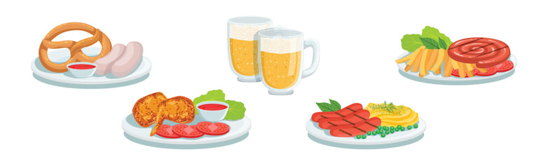 Grilled Food and Cooked Snack on Plate with Beer Vector Set