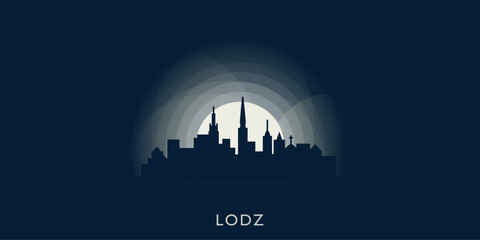 Lodz cityscape skyline city panorama vector flat modern banner illustration. Poland town emblem idea with landmarks and building silhouettes at sunrise sunset night