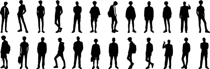 boy silhouette Vector illustration, diverse silhouette of men in various poses. depicting standing, walking, and gesturing males