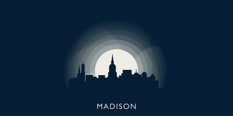 Madison cityscape skyline city panorama vector flat modern banner illustration. USA, Wisconsin state emblem idea with landmarks and building silhouettes at sunrise sunset night