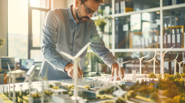 A man is working on a model of a wind farm