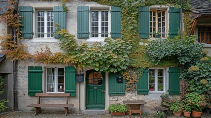 Naklejka premium dwelling in a charming Swiss village with green shutters that are encircled by climbing plants