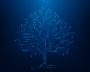 tree data technology circuit line on blue and dot dark background. digital circuit board internet connection. vector illustration futuristic hi-tech style.