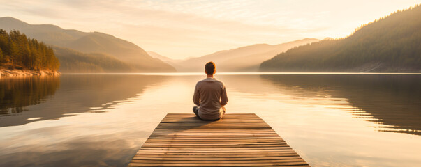 A man sits on a dock by a lake, looking out at the water